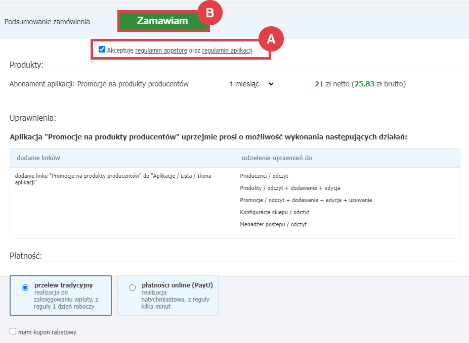 Panel administracyjny sklepu > Dodatki i integracje > Aplikacje > Promocje na produkty producentów > Instalacja