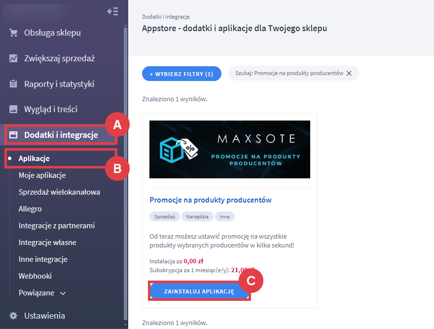 Panel administracyjny sklepu > Dodatki i integracje > Aplikacje > Promocje na produkty producentów