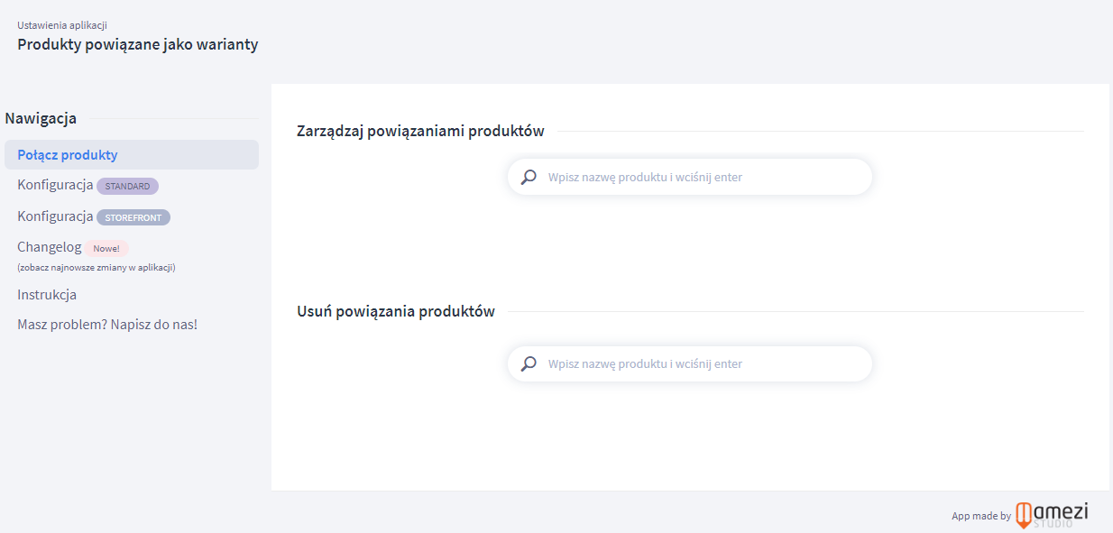Panel administracyjny sklepu > Dodatki i integracje > Moje aplikacje > Produkty powiązane jako warianty > Konfiguracja