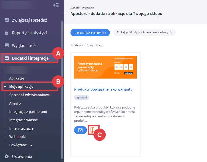 Panel administracyjny sklepu > Dodatki i integracje > Moje aplikacje > Produkty powiązane jako warianty