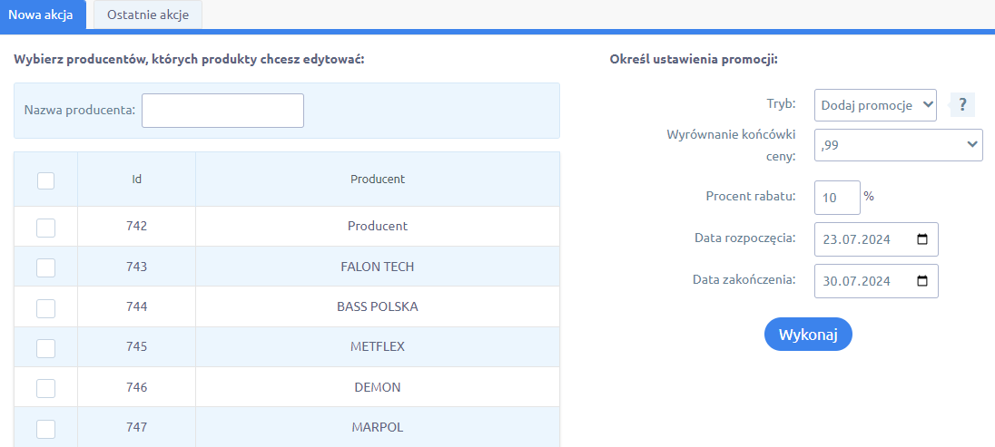 Panel administracyjny sklepu > Dodatki i integracje > Moje aplikacje > Promocje na produkty producentów > Nowa akcja