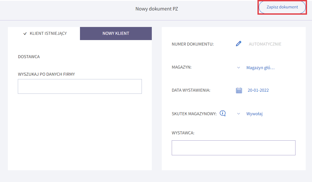 Wystaw nowy dokument PZ w programie Shoper Faktury i Magazyn Panel administracyjny sklepu > Obsługa sklepu > Produkty > Aplikacje > Dodaj PZ > Formularz