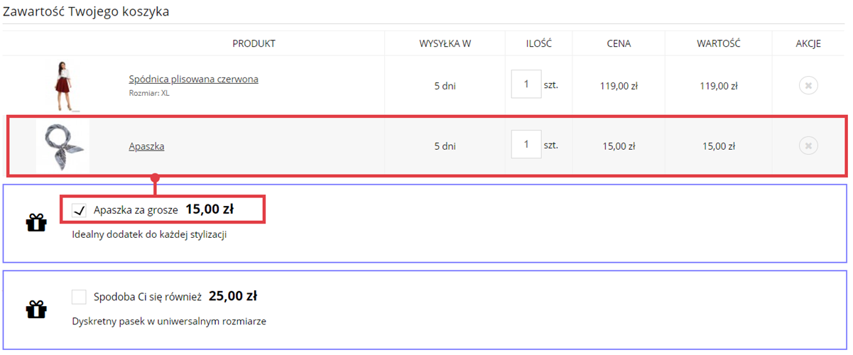 Dodanie produktu proponowanego do koszyka Strona sklepu Shoper > Zawartość koszyka > Produkty proponowane