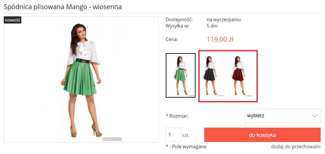 Przykładowy widok produktu z powiązanymi wariantami w sklepie Shoper