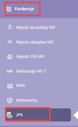 Po zalogowaniu, przejdź do sekcji menu: Ewidencje -> JPK Po zalogowaniu, przejdź do sekcji menu: Ewidencje -> JPK