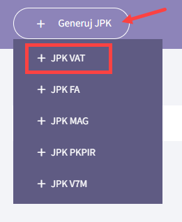Kliknij przycisk: Generuj JPK i wybierz opcję: JPK VAT