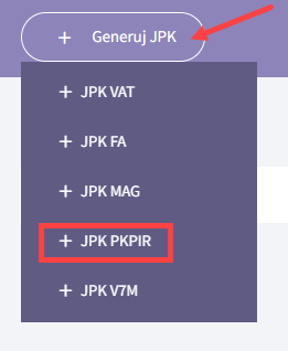 Kliknij przycisk: Generuj JPK i wybierz opcję: JPK PKPIR Kliknij przycisk: Generuj JPK i wybierz opcję: JPK PKPIR