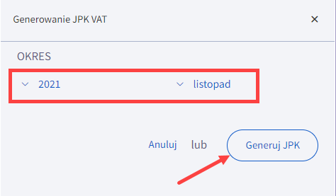 Wybierz okres czasu, aby wygenerować dla niego JPK VAT