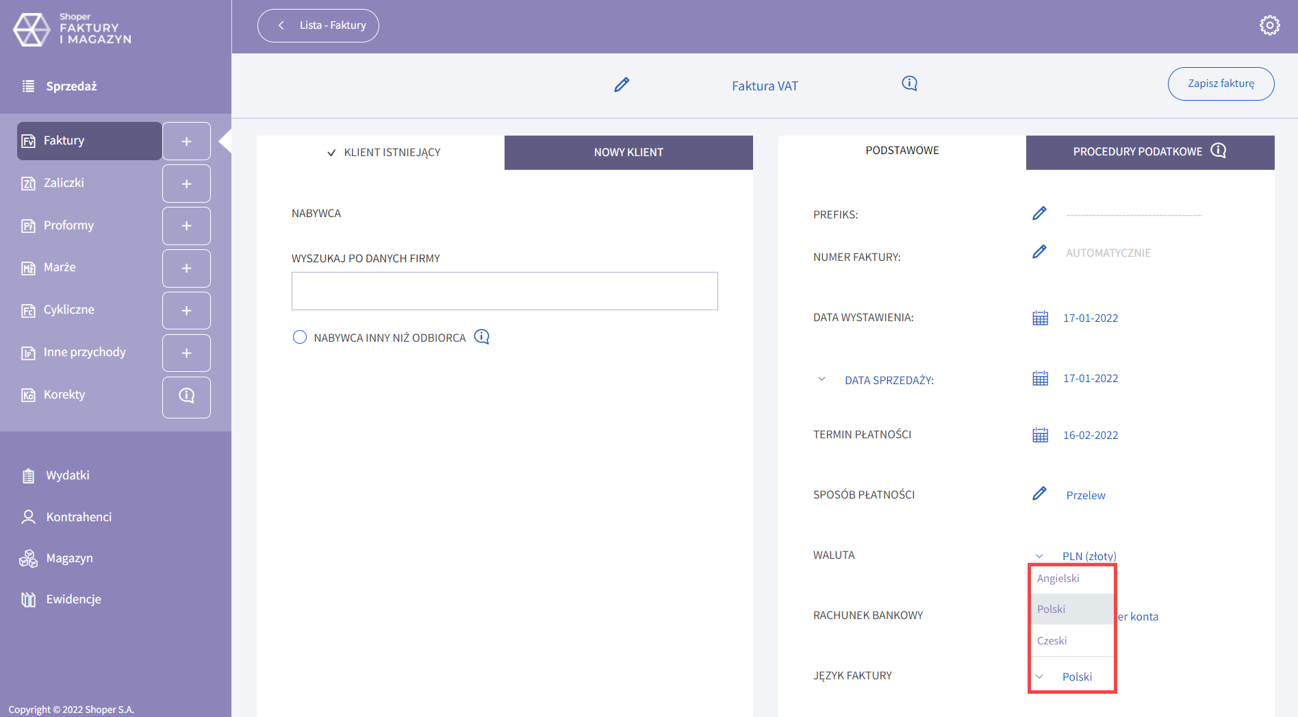 Wybierz język faktury podczas jej wystawiania w programie Shoper Faktury i Magazyn