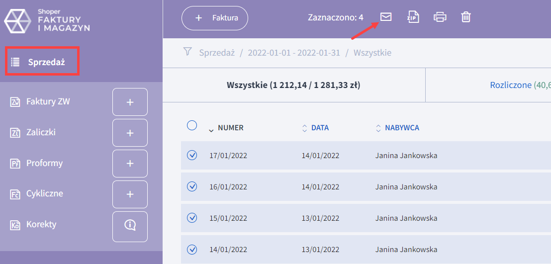 Zaznacz faktury do wysłania poprzez e-mail i kliknij opcję wysyłki Zaznacz faktury do wysłania poprzez e-mail i kliknij opcję wysyłki
