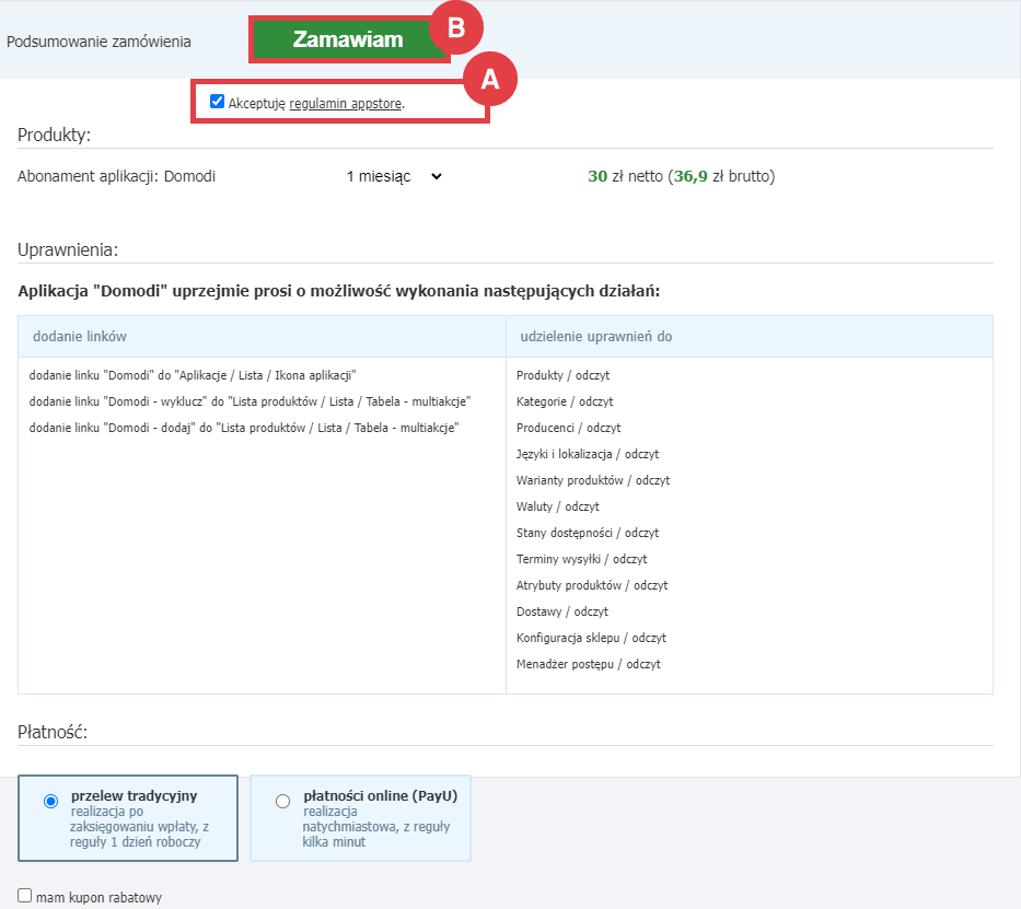 Zamów abonament aplikacji Domodi w sklepie internetowym Shoper Panel administracyjny sklepu > Dodatki i integracje > Aplikacje > Domodi > Zamawianie