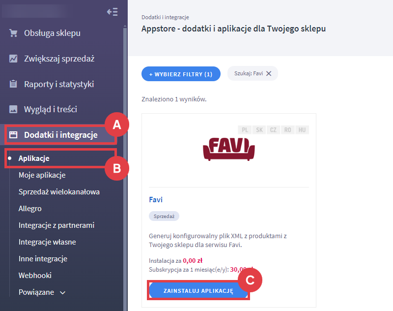 Panel administracyjny sklepu > Dodatki i integracje > Aplikacje > Favi