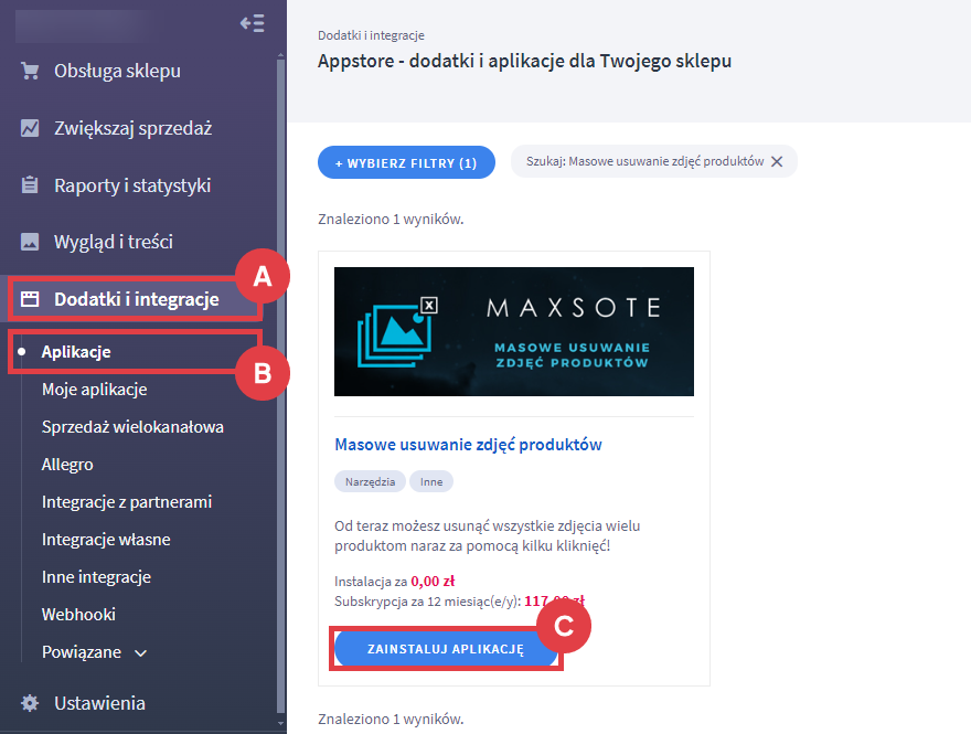 Panel administracyjny sklepu > Dodatki i integracje > Aplikacje > Masowe usuwanie zdjęć produktów