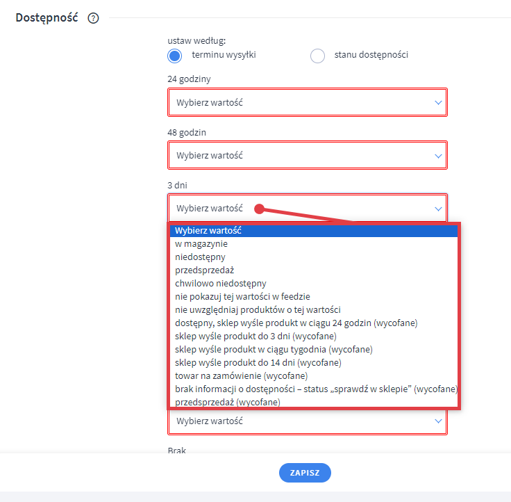 Z rozwijanej listy wybierz odpowiednią wartość dla dostępności produktów Panel administracyjny sklepu > Dodatki i integracje > Moje alikacje > Domodi > Konfiguracja > Dostępność > Termin wysyłki