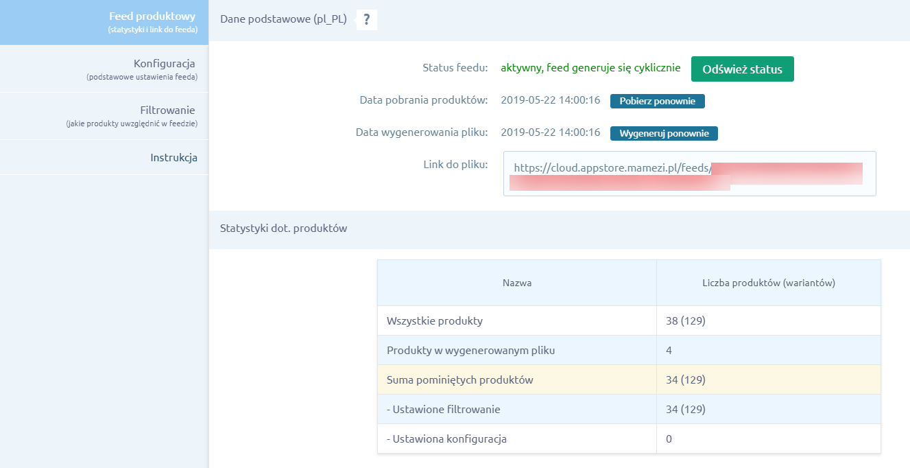 Pobierz plik XML z produktami z Twojego sklepu internetowego Shoper Panel administracyjny sklepu > Dodatki i integracje > Moje alikacje > Domodi > Feed produktowy > Plik XML