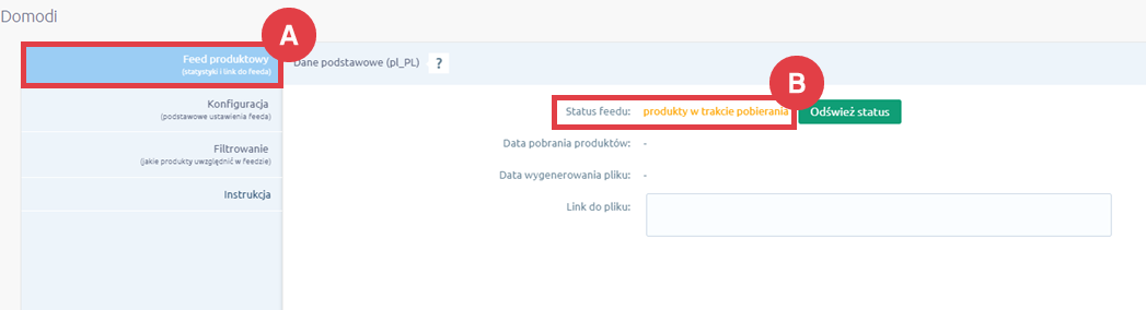Sprawdź status feedu dla serwisu Domodi Panel administracyjny sklepu > Dodatki i integracje > Moje alikacje > Domodi > Feed produktowy > Status