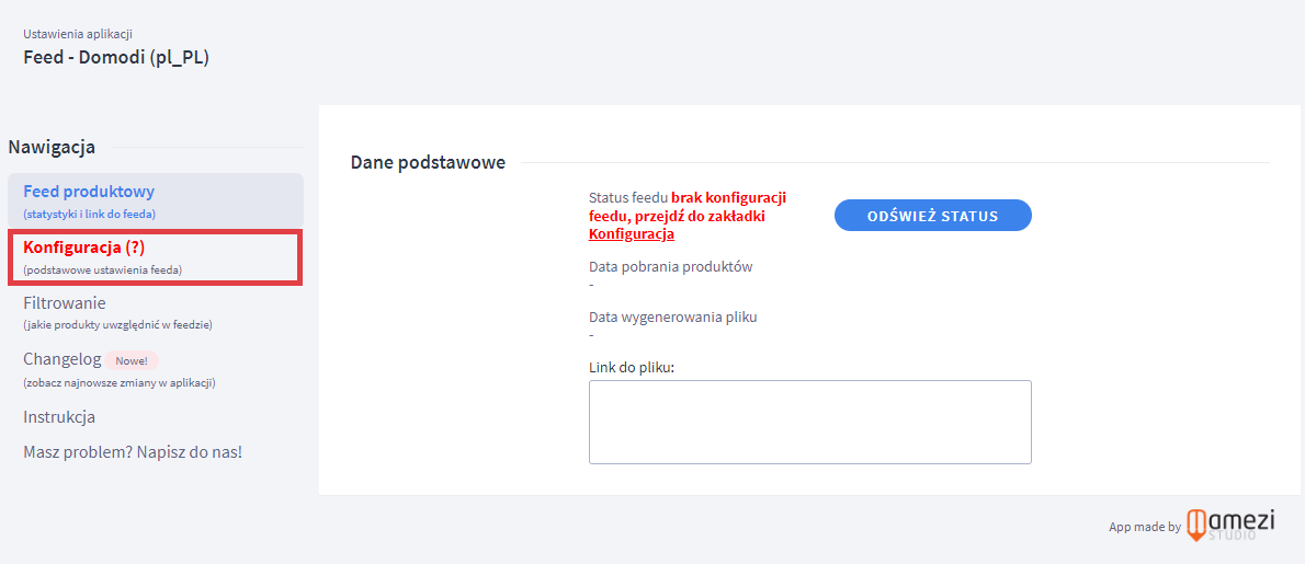 Przykładowa informacja o braku konfiguracji feedu dla serwisu Domodi Panel administracyjny sklepu > Dodatki i integracje > Moje alikacje > Domodi > Feed produktowy