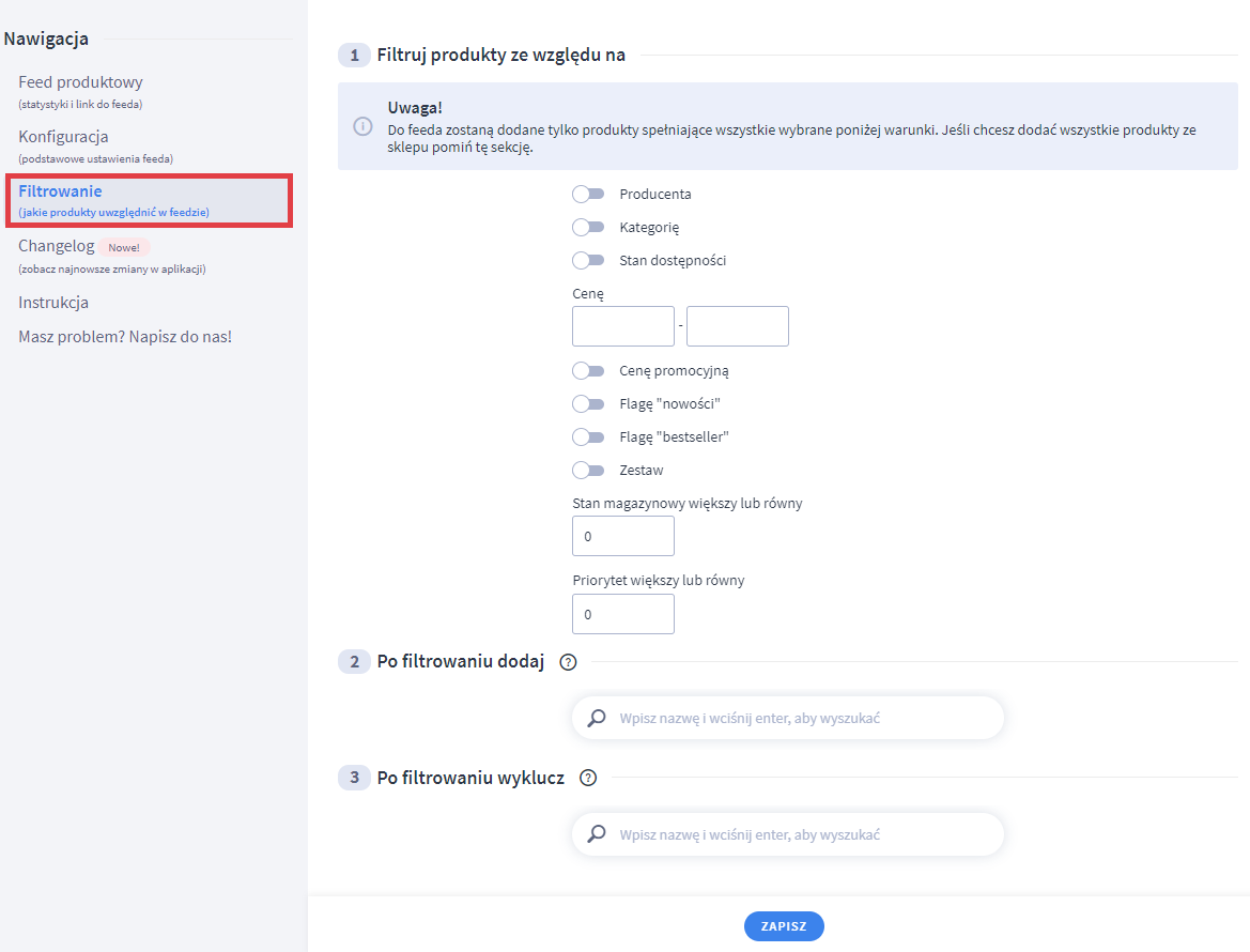 Ustal, jakie produkty uwzględnić w feedzie dla serwisu Domodi Panel administracyjny sklepu > Dodatki i integracje > Moje alikacje > Domodi > Filtrowanie