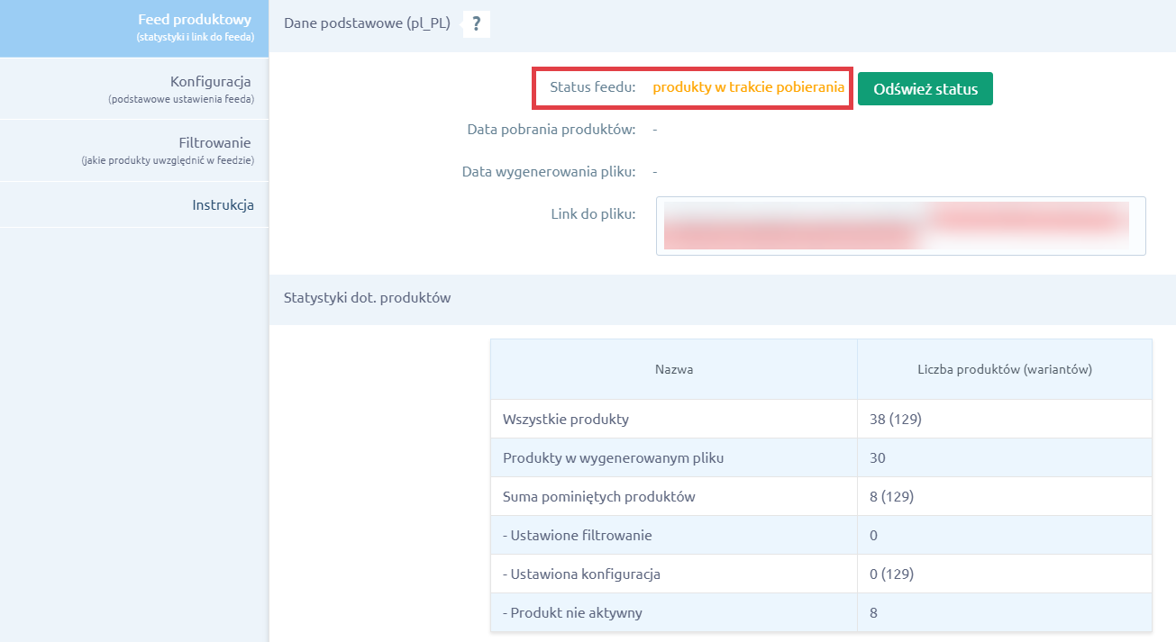 Panel administracyjny sklepu > Dodatki i integracje > Moje aplikacje > Favi > Feed produktowy > Status produkty w trakcie pobierania