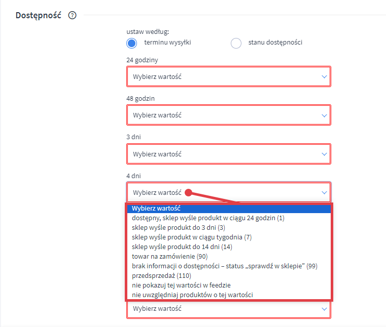 Panel administracyjny sklepu > Dodatki i integracje > Moje aplikacje > Favi > Konfiguracja > Dostępność > Wartości