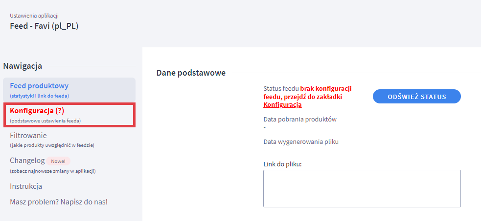 Panel administracyjny sklepu > Dodatki i integracje > Moje aplikacje > Favi > Feed produktowy