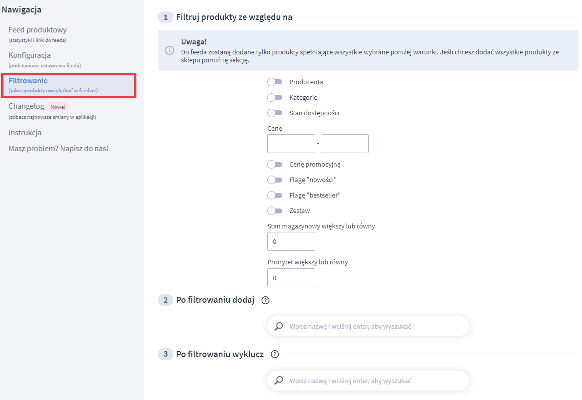 Panel administracyjny sklepu > Dodatki i integracje > Moje aplikacje > Favi > Filtrowanie