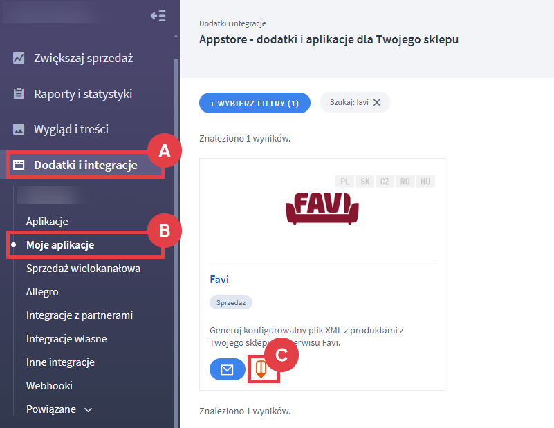 Panel administracyjny sklepu > Dodatki i integracje > Moje aplikacje > Favi
