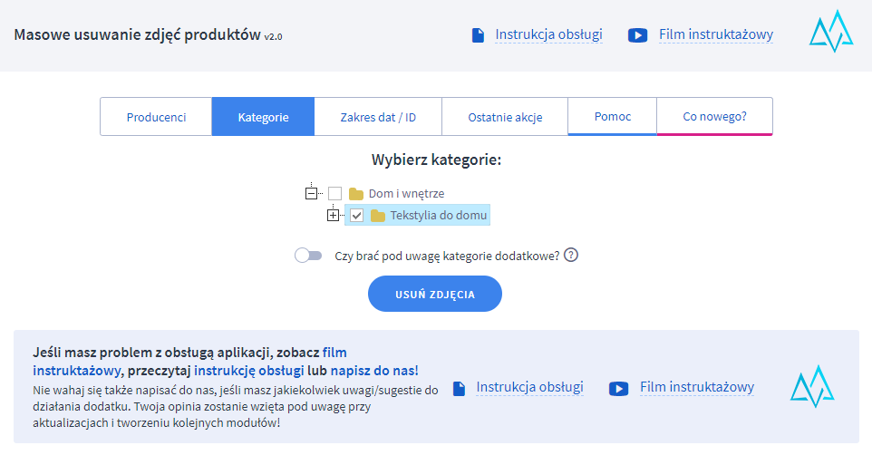Panel administracyjny sklepu > Dodatki i integracje > Moje aplikacje > Masowe usuwanie zdjęć produktów > Kategorie