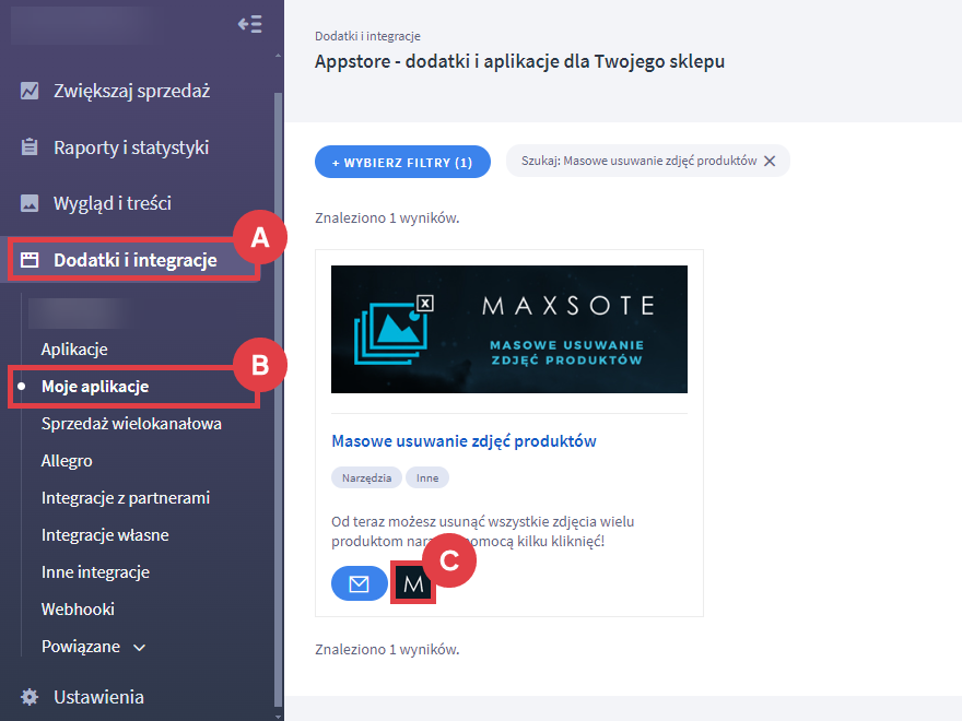 Panel administracyjny sklepu > Dodatki i integracje > Moje aplikacje > Masowe usuwanie zdjęć produktów