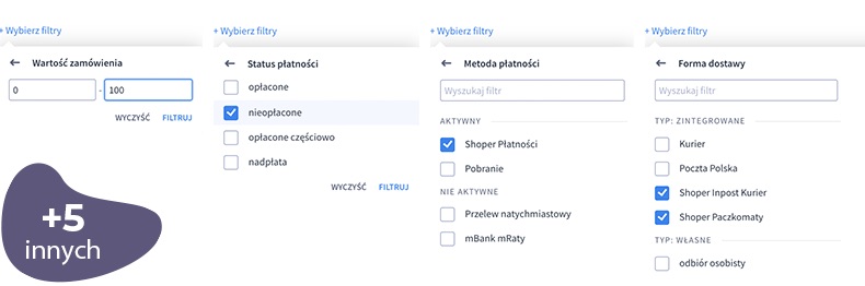 Przykładowy widok filtrów dla zamówień w sklepie Shoper Filtry na liście zamówień w Panelu administracyjnym sklepu Shoper