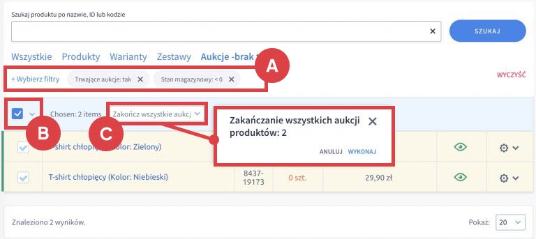Zakończ wszystkie aukcje produktów na Allegro Panel administracyjny sklepu > Obsługa sklepu > Produkty > Akcje > Zakańczanie wszystkich aukcji produktów