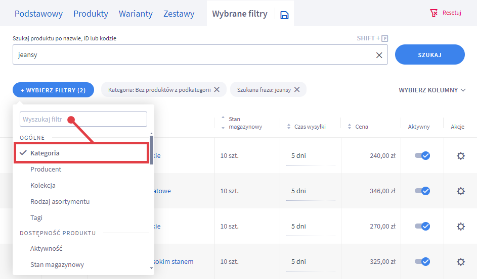 Użyj kategorii jako filtru do wyszukiwania produktów Panel administracyjny sklepu > Obsługa sklepu > Produkty > Filtry > Kategoria