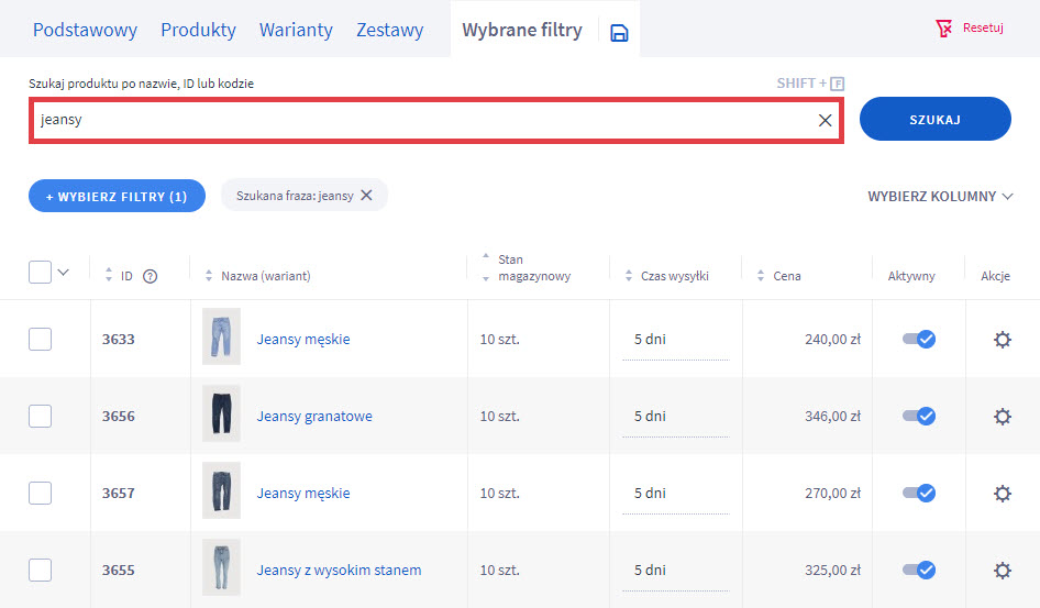 Wyszukaj produkt po jego nazwie w Panelu administracyjnym sklepu Shoper Panel administracyjny sklepu > Obsługa sklepu > Produkty > Wyszukiwarka > Nazwa