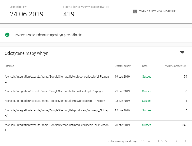 W Google Search Console możesz sprawdzić historię odczytów mapy witryny.