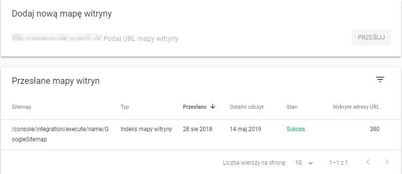 Przykład ekranu w GSC po wybraniu sekcji: Mapy witryn