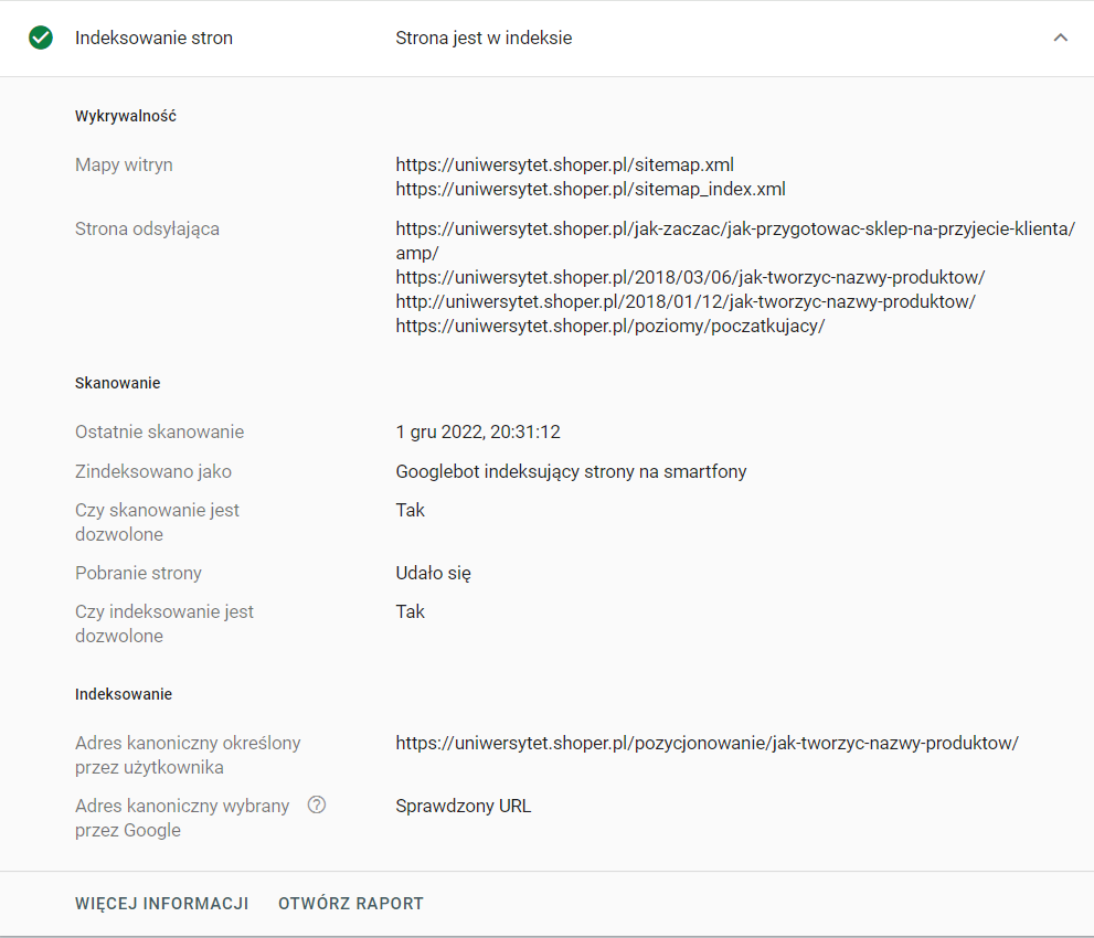 Przykład informacji o stanie wybranego adresu URL w Google Search Console. Szczegóły odnośnie stanu wybranego adresu URL w GSC.