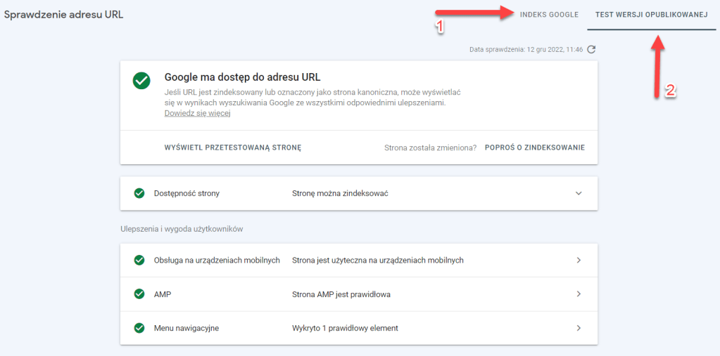 Zakładki w Google Search Console: Indeks Google oraz Test wersji opublikowanej. Sprawdzanie danych w indeksie Google oraz test wersji opublikowanej