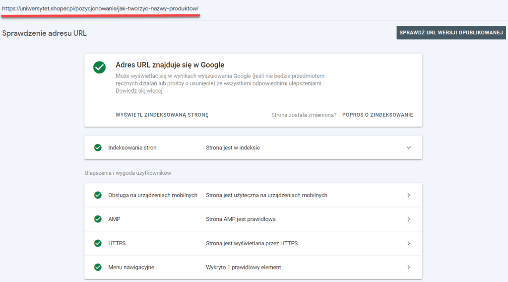Przykład ekranu w Google Search Console ze szczegółami dla wybranego adresu URL. Przykład szczegółów odnośnie wybranego adresu URL w Google Search Console.