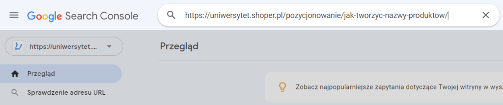 Aby sprawdzić wybrany adres URL w Google Search Console, wpisz jego adres URL w wyszukiwarce. Sprawdzanie adresu URL w Google Search Console.