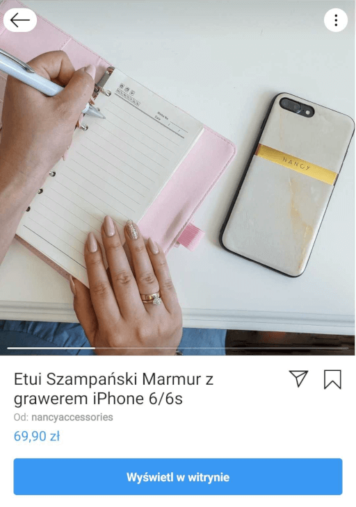 Widok oznaczonego produktu na Instagramie