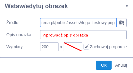 Edycja obrazu w sklepie Shoper. Wprowadź opis zdjęcia i usuń wysokość obrazka Okno edycji grafiki w Panelu sklepu Shoper. Wpisuj opisy zdjęć i nie określaj wysokości grafiki