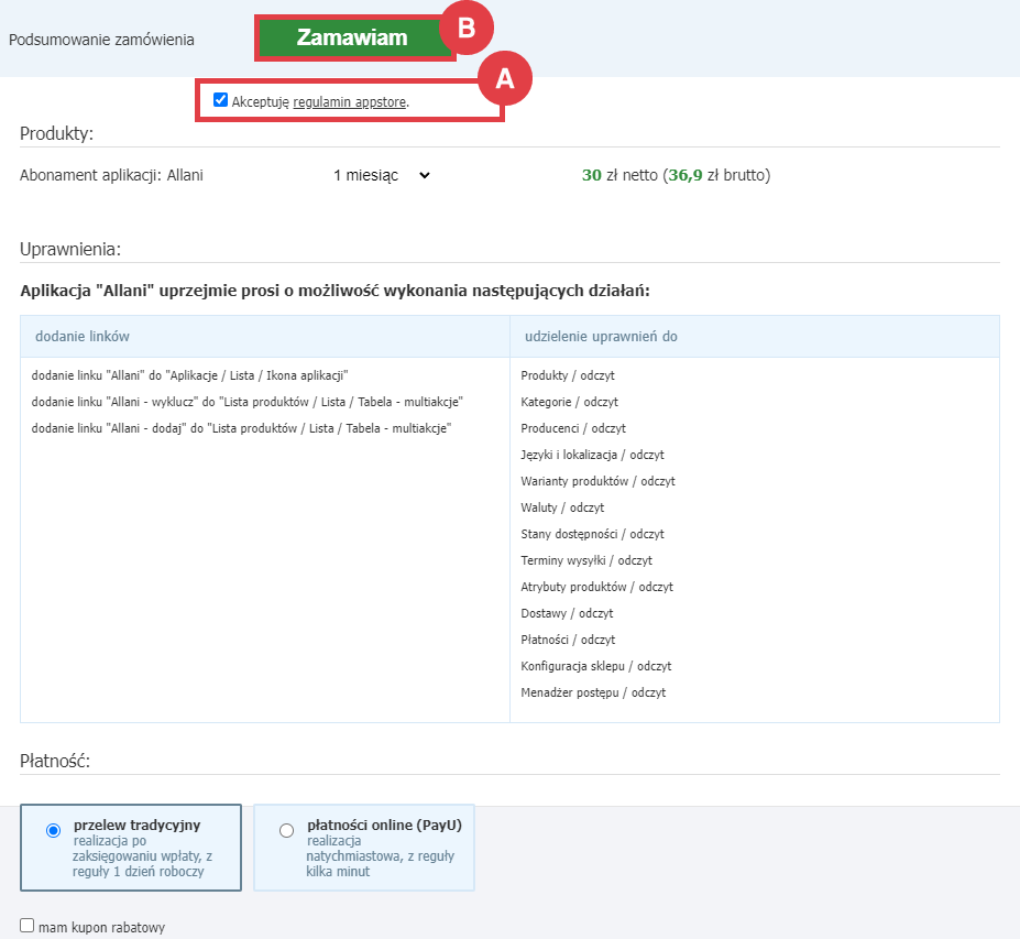 Zapoznaj się z regulaminem i rozpocznij instalację aplikacji Allani Panel administracyjny sklepu > Dodatki i integracje > Aplikacje > Allani > Instalacja