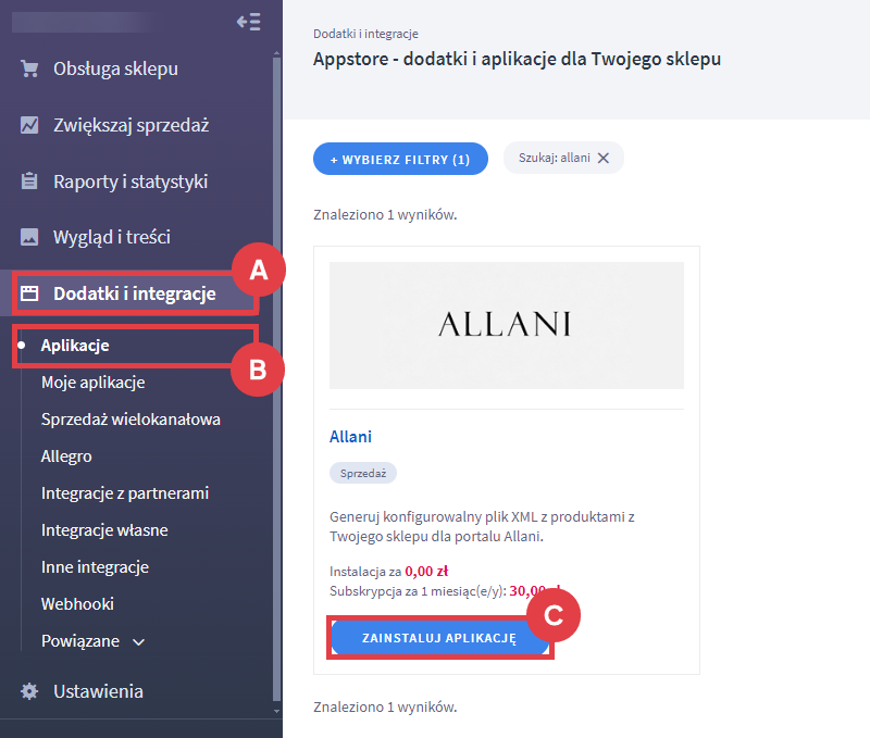 Skorzystaj z aplikacji do generowania konfigurowalnego pliku XML dla portalu Allani Panel administracyjny sklepu > Dodatki i integracje > Aplikacje > Allani