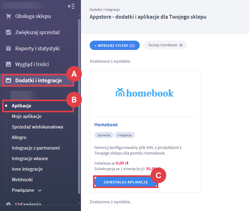 Panel administracyjny sklepu > Dodatki i integracje > Aplikacje > Homebook