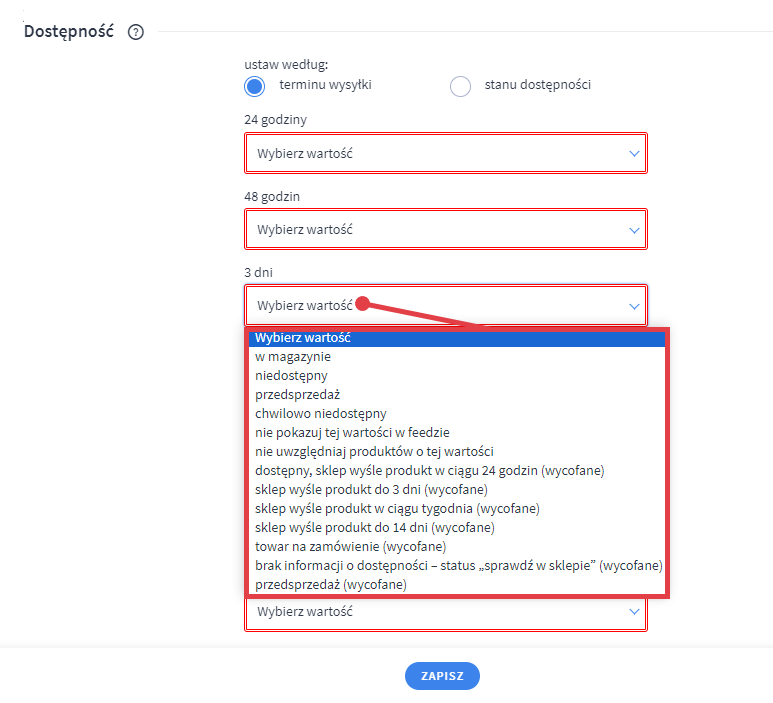 Ustawienia dostępności produktów ze sklepu w pliku XML (terminy wysyłki) Panel administracyjny sklepu > Dodatki i integracje > Moje aplikacje > Allani > Konfiguracja > Dostępność