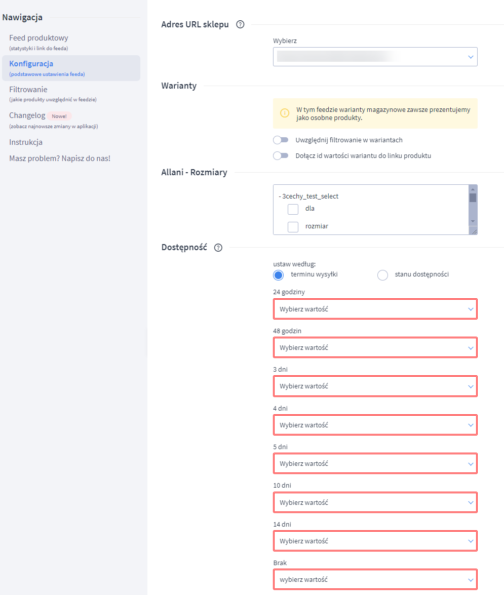 Skonfiguruj ustawienia pliku XML z produktami sklepu dla Allani Panel administracyjny sklepu > Dodatki i integracje > Moje aplikacje > Allani > Konfiguracja