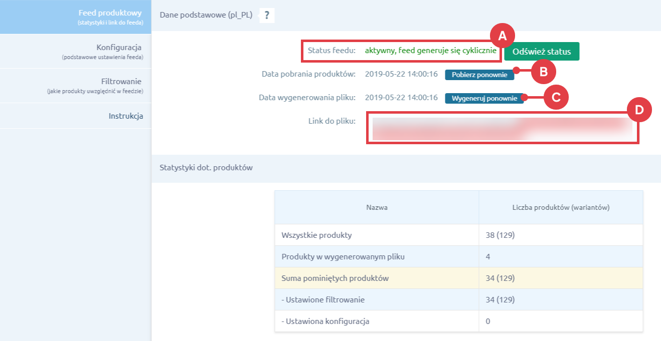 Feed produktowy po zakończonym generowaniu pliku XML z produktami dla Allani Panel administracyjny sklepu > Dodatki i integracje > Moje aplikacje > Allani > Feed produktowy > Status feedu > Pobierz plik