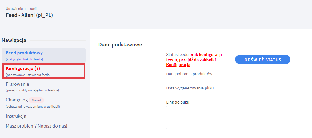 Pierwszy ekran po przejściu do ustawień aplikacji Allani w sklepie Shoper Panel administracyjny sklepu > Dodatki i integracje > Moje aplikacje > Allani > Feed produktowy > Brak konfiguracji
