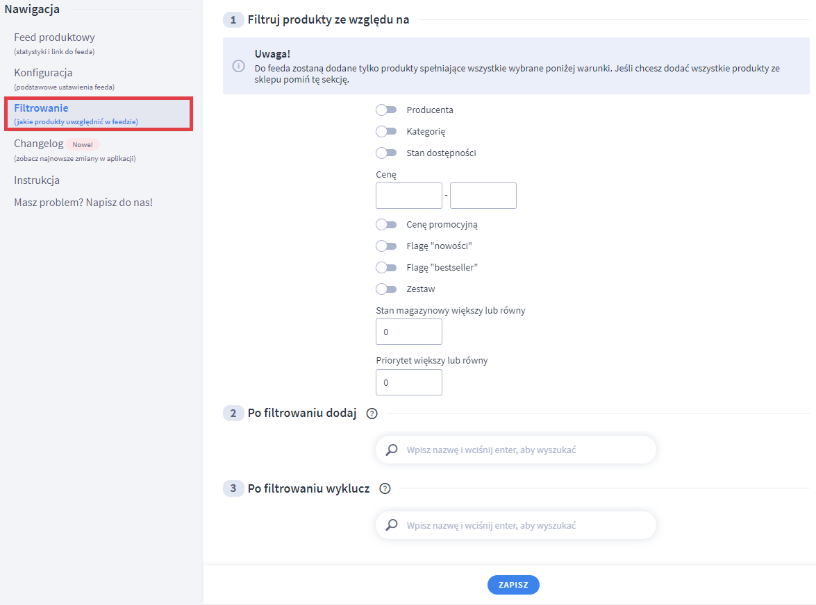 Zdecyduj, jakie produkty uwzględnić w feedzie produktowym dla Allani Panel administracyjny sklepu > Dodatki i integracje > Moje aplikacje > Allani > Filtrowanie