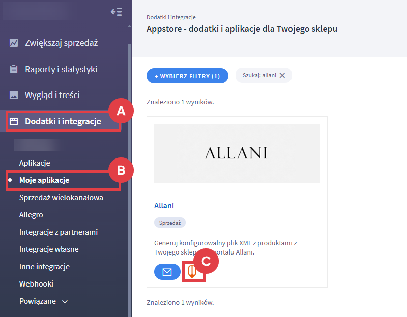 Uruchom aplikację, by skonfigurować plik XML z produktami ze sklepu internetowego Panel administracyjny sklepu > Dodatki i integracje > Moje aplikacje > Allani